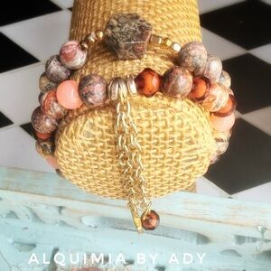 Ocean jasper Pink, Peach and Gold Layered Beaded  Bracelet stack